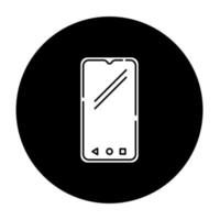 Smartphone glyph icon. Mobile, cell phone. Pocket personal computer. Cellular telephone. Touchscreen. Touch display. Portable device. Technology. Vector white silhouette illustration in black circle