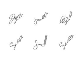 Signatures pixel perfect linear icons set. Handwriting. Autograph. Proof of identity. Evidence of consent. Customizable thin line contour symbol. Isolated vector outline illustrations. Editable stroke