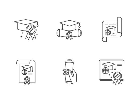 Diploma pixel perfect linear icons set. School certificate. Academic document. Degree. Education. Customizable thin line contour symbols. Isolated vector outline illustrations. Editable stroke
