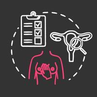 Tiza de detección de oncología icono de concepto de color rgb de tiza de color rgb. prevención del cáncer de mama y de cuello uterino. enfermedades femeninas. idea de salud de la mujer. vector ilustración pizarra aislada sobre fondo negro