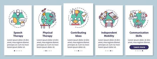 Inclusive program onboarding mobile app page screen with concepts. Therapy and inclusion in public life walkthrough five steps graphic instructions. UI vector template with RGB color illustrations