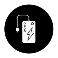 Power bank glyph icon. Powerbank. Portable battery. Energy source. Pocket charging gadget. Handheld USB charger. Technology. Mobile device. Vector white silhouette illustration in black circle