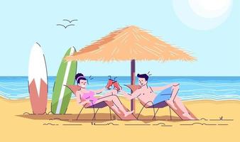 pareja de surfistas en la playa ilustración plana del doodle. hombre y mujer en tumbonas tomando bebidas en la playa. vacaciones de verano. Indonesia turismo personaje de dibujos animados 2d con contorno para uso comercial vector