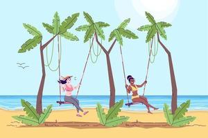 dos mujeres en columpios plana doodle ilustración. actividad en la playa. chicas divirtiéndose en la orilla del mar. país exótico. playa. Indonesia turismo personaje de dibujos animados 2d con contorno para uso comercial vector