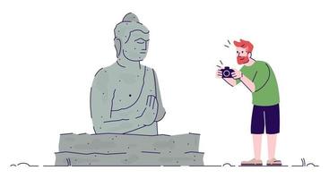 hombre fotografiando monumento plano doodle ilustración. chico tomando fotos de la estatua de Buda. vacaciones en país tropical. Indonesia turismo personaje de dibujos animados 2d con contorno para uso comercial vector