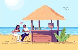 pareja en la ilustración de doodle plano de bar de playa. hombre y mujer en la playa. cena romántica por mar. vacaciones en un país exótico. Indonesia turismo personaje de dibujos animados 2d con contorno para uso comercial vector