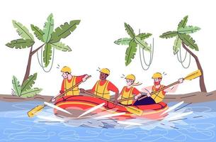 Jungle river rafting flat doodle illustration. People in raft. Water activity. Extreme sports. Active pastime in exotic country. Indonesia tourism 2D cartoon character with outline for commercial use vector