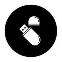 icono de glifo de unidad flash USB. dispositivo compacto de almacenamiento de datos. tarjeta de memoria. memoria USB. transferir información. pequeño aparato electrónico portátil. ilustración vectorial silueta blanca en círculo negro vector