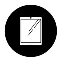 Tablet computer glyph icon. Touch screen PC. Electronic gadget with touchpad. E-reader. Digital reading. Technology. Handheld mobile device. Vector white silhouette illustration in black circle