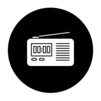 Wireless radio set glyph icon. Portable electronic receiver. Signal transmitting apparatus. Compact receiving system. Mobile device. Technology. Vector white silhouette illustration in black circle