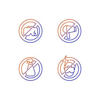 VR device gradient linear vector manual label icons set. Thin line contour symbols bundle. Isolated vector outline illustrations collection on black and white for product use instructions