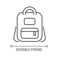 Schoolbag linear icon. Bag for carrying books and stationery items. Backpack for school. Thin line customizable illustration. Contour symbol. Vector isolated outline drawing. Editable stroke