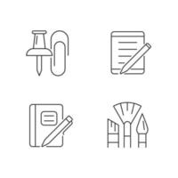 School stationery linear icons set. Pins and paper clips. Tablet computer. Graph composition book. Customizable thin line contour symbols. Isolated vector outline illustrations. Editable stroke