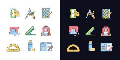 Back to school shopping light and dark theme RGB color icons set. Pencil sharpener. Drafting supplies. Isolated vector illustrations on white and black space. Simple filled line drawings pack