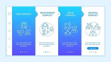 Types of conflict onboarding vector template. Responsive mobile website with icons. Web page walkthrough 4 step screens. Communication problems color concept with linear illustrations