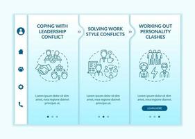 Dealing with team conflicts onboarding vector template. Responsive mobile website with icons. Web page walkthrough 3 step screens. Communication color concept with linear illustrations