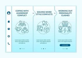 Dealing with team conflicts onboarding vector template. Responsive mobile website with icons. Web page walkthrough 3 step screens. Communication color concept with linear illustrations