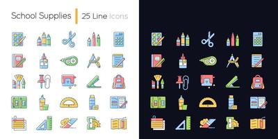 School supplies light and dark theme RGB color icons set. Must-have items for back to school. Art classroom. Isolated vector illustrations on white and black space. Simple filled line drawings pack