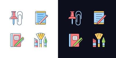 School stationery light and dark theme RGB color icons set. Pins and paper clips. Graph composition book. Isolated vector illustrations on white and black space. Simple filled line drawings pack