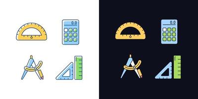 Architecture student tools light and dark theme RGB color icons set. Drafting supplies. Compass tool. Isolated vector illustrations on white and black space. Simple filled line drawings pack