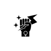 Woman power black glyph icon. Female energy. Enhance inner strength. Leadership in movement. Equal participation. Female authority. Silhouette symbol on white space. Vector isolated illustration