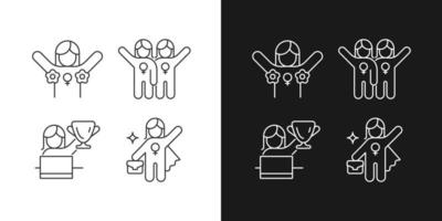 Women rights movement linear icons set for dark and light mode. Radical feminism. Female friendship. Customizable thin line symbols. Isolated vector outline illustrations. Editable stroke