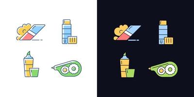 School accessories light and dark theme RGB color icons set. Eraser for artistic use. Glue stick. Highlighter. Isolated vector illustrations on white and black space. Simple filled line drawings pack