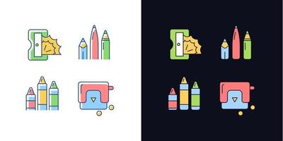 Painter essentials light and dark theme RGB color icons set. Pens and pencils. Prism sharpener. Crayons. Isolated vector illustrations on white and black space. Simple filled line drawings pack