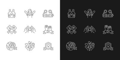 Feminist activity linear icons set for dark and light mode. Female freedom fighter. Radical feminism. Customizable thin line symbols. Isolated vector outline illustrations. Editable stroke