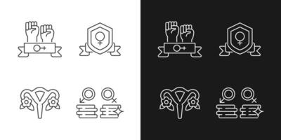 Female empowerment linear icons set for dark and light mode. Women community. Advancing gender equality. Customizable thin line symbols. Isolated vector outline illustrations. Editable stroke