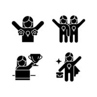 Women rights movement black glyph icons set on white space. Radical feminism. Female friendship. Leadership role. Gender diversity at work. Silhouette symbols. Vector isolated illustration