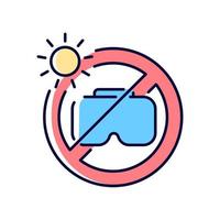 Do not leave in sunlight RGB color manual label icon. Direct sunlight lead to fire and vision damage. Isolated vector illustration. Simple filled line drawing for product use instructions