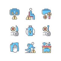 Vr glasses instructions RGB color manual label icons set. Virtual reality headset usage. Isolated vector illustrations. Simple filled line drawing for product use instructions collection