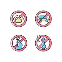 Virtual reality helmet restriction RGB color manual label icons set. VR glasses game surroundings. Isolated vector illustrations. Simple filled line drawing for product use instructions collection