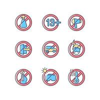 Vr glasses usage restrictions RGB color manual label icons set. Virtual reality device. Isolated vector illustrations. Simple filled line drawing for product use instructions collection