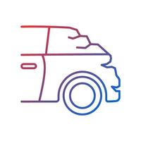 Broken boot gradient linear vector icon. Bumping vehicle from behind. Rear-end collision. Trunk malfunction. Thin line color symbol. Modern style pictogram. Vector isolated outline drawing