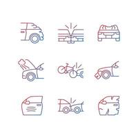 Road traffic accidents gradient linear vector icons set. Car damaged body parts. Broadside crash. Car-on-bike collision. Thin line contour symbols bundle. Isolated outline illustrations collection