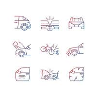 Road traffic accidents gradient linear vector icons set. Car damaged body parts. Broadside crash. Car-on-bike collision. Thin line contour symbols bundle. Isolated outline illustrations collection