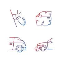 Auto body damage gradient linear vector icons set. Broken view mirror. Scratches in vehicle exterior. Rear-end collision. Thin line contour symbols bundle. Isolated outline illustrations collection