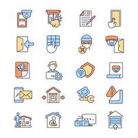 Home security RGB color icons set. Weak home areas that need camera surveillance. Camera security system. Protection measures. Isolated vector illustrations. Simple filled line drawings collection