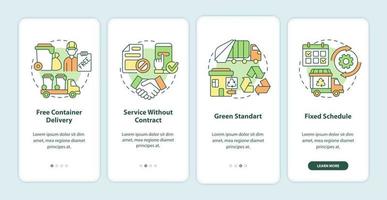 Waste collection service offers onboarding mobile app page screen. Trash management walkthrough 4 steps graphic instructions with concepts. UI, UX, GUI vector template with linear color illustrations