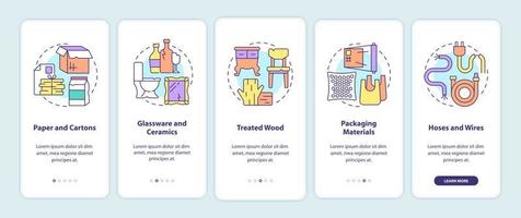 Accepted waste types onboarding mobile app page screen. Recyclable material walkthrough 5 steps graphic instructions with concepts. UI, UX, GUI vector template with linear color illustrations