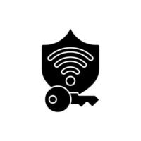 Protected wifi password black glyph icon. Internet safety. Private network. Wireless connection. Online privacy. Password management. Silhouette symbol on white space. Vector isolated illustration