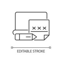 Using post it to remember password linear icon. Write down important information. Thin line customizable illustration. Contour symbol. Vector isolated outline drawing. Editable stroke