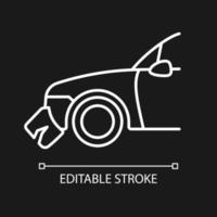 Broken bumper white linear icon for dark theme. Visible external damage. Striking another vehicle. Thin line customizable illustration. Isolated vector contour symbol for night mode. Editable stroke