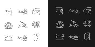 Common car crashes linear icons set for dark and light mode. Rollover accidents. Wildlife vehicle collision. Customizable thin line symbols. Isolated vector outline illustrations. Editable stroke