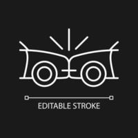 Head-on collision white linear icon for dark theme. Two vehicles collide into one another. Thin line customizable illustration. Isolated vector contour symbol for night mode. Editable stroke