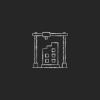 3d printed building design chalk white icon on dark background. Architectural 3d model. Housing development. Additively manufactured architecture. Isolated vector chalkboard illustration on black