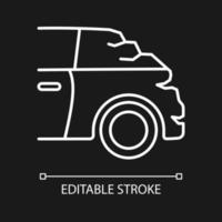 Broken boot white linear icon for dark theme. Bumping vehicle from behind. Rear-end collision. Thin line customizable illustration. Isolated vector contour symbol for night mode. Editable stroke