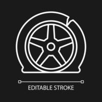 Tyre damage white linear icon for dark theme. Vehicle accident. Tire defects. Bad road conditions. Thin line customizable illustration. Isolated vector contour symbol for night mode. Editable stroke